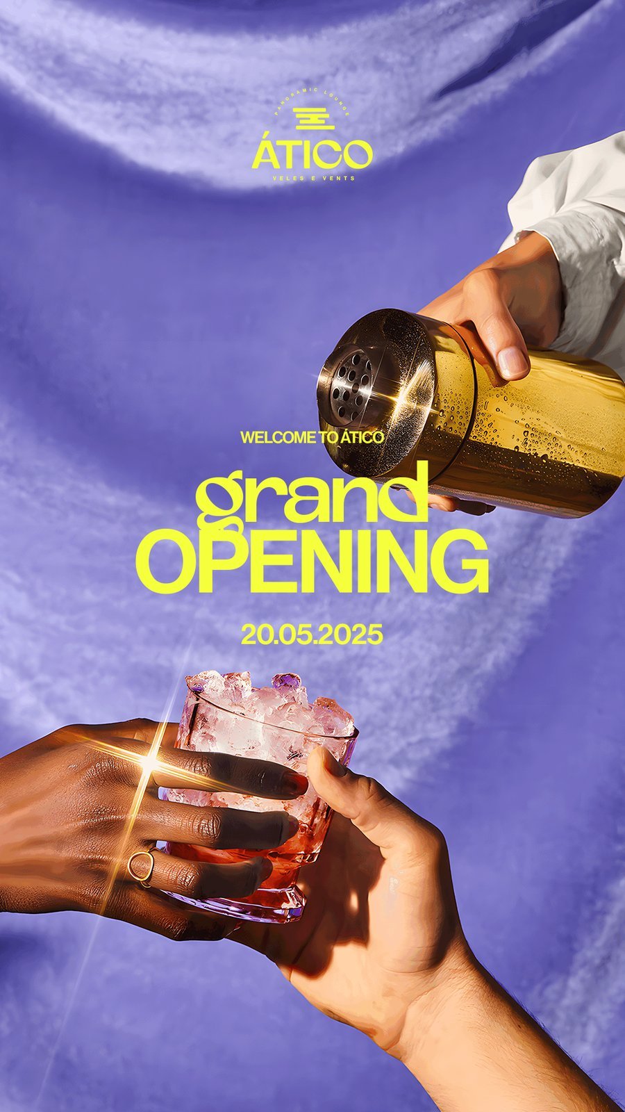 Cartel Grand Opening con coctelera dorada vertiendo sobre vaso, fondo lavanda