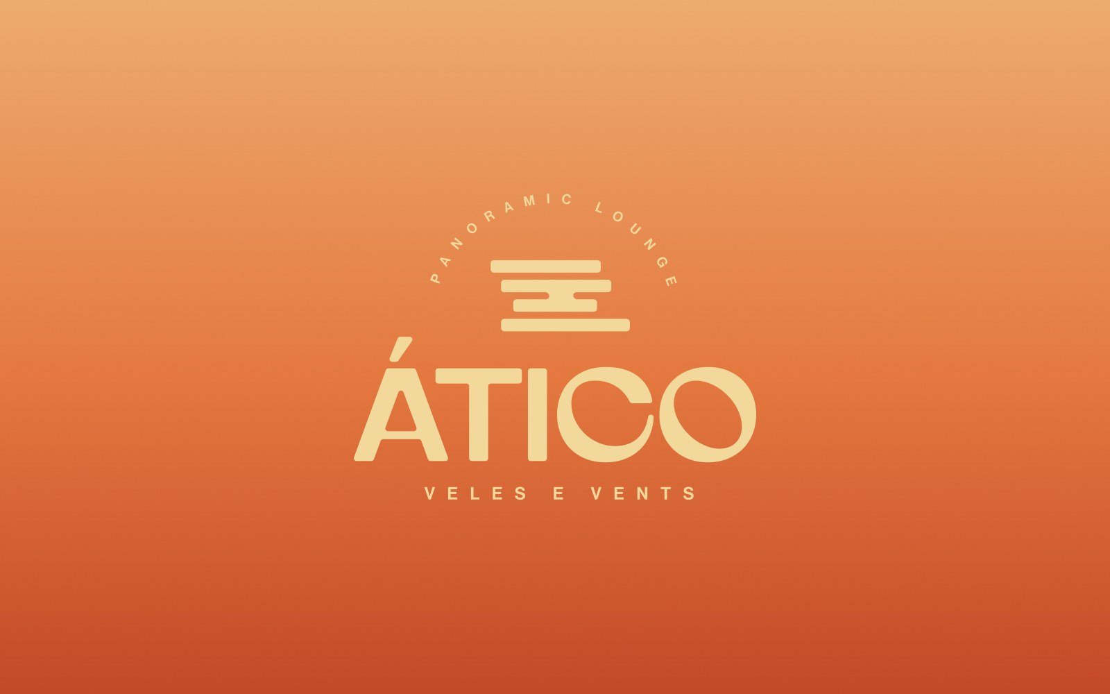 Logotipo ÁTICO sobre cielo de atardecer naranja con la silueta del edificio Veles e Vents