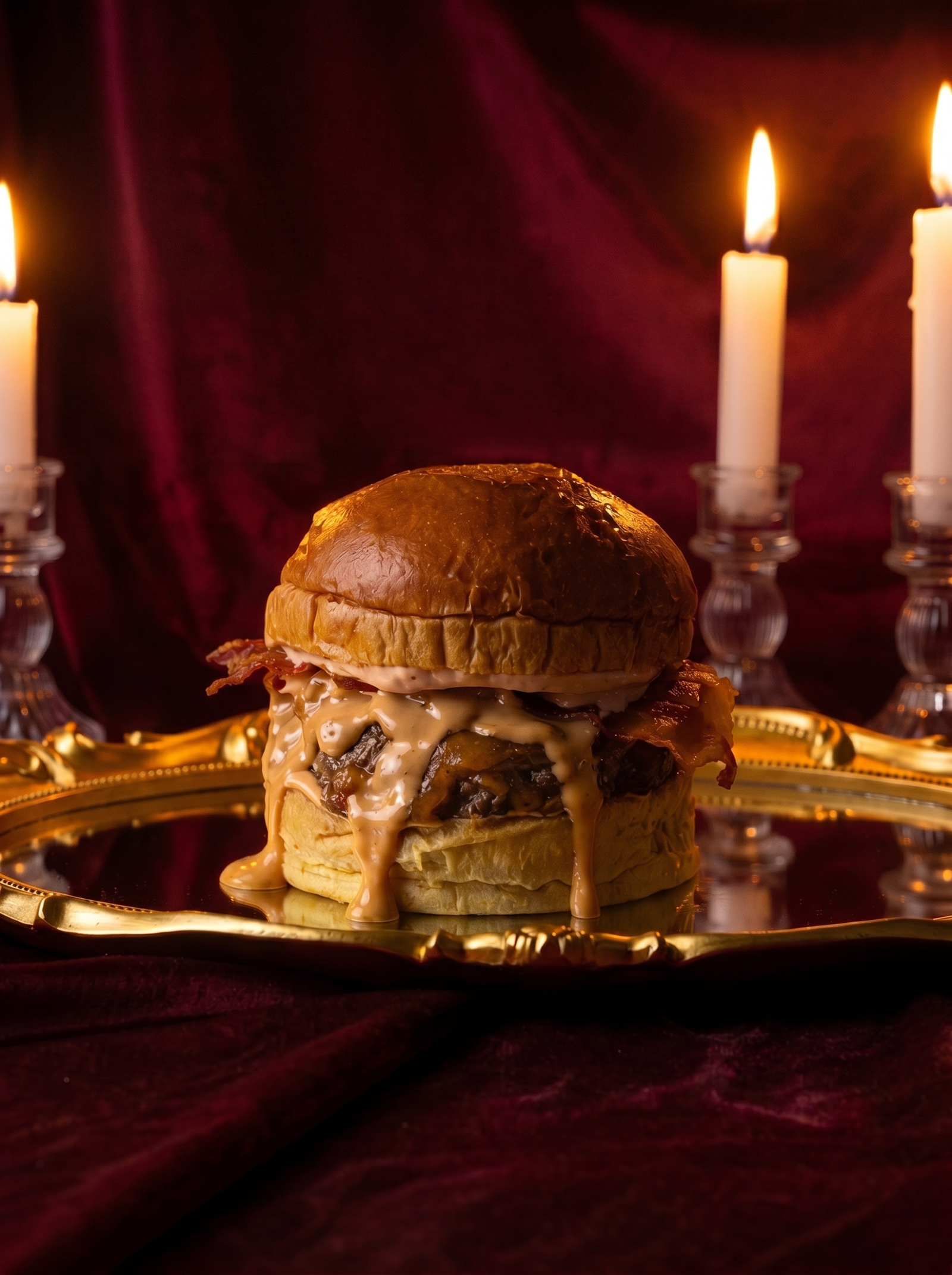 Hamburguesa Burgaccia sobre bandeja dorada con candelabros y telas oxblood al fondo