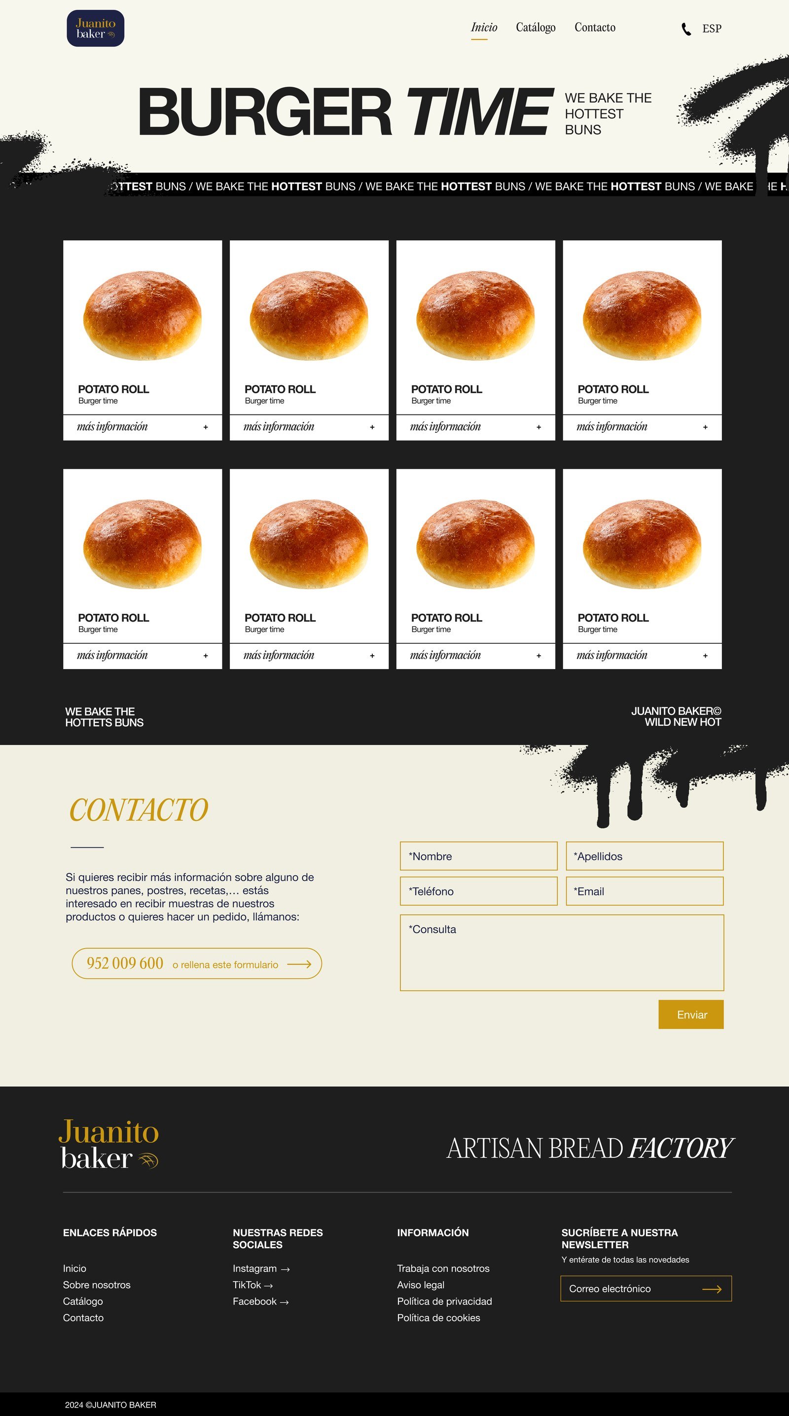 Mockup de la página BURGER TIME de Juanito Baker con fondo negro, paint splatters, titular WE BAKE THE HOTTEST BUNS, marquee y grid 4×2 de buns con drips y transición a sección de contacto