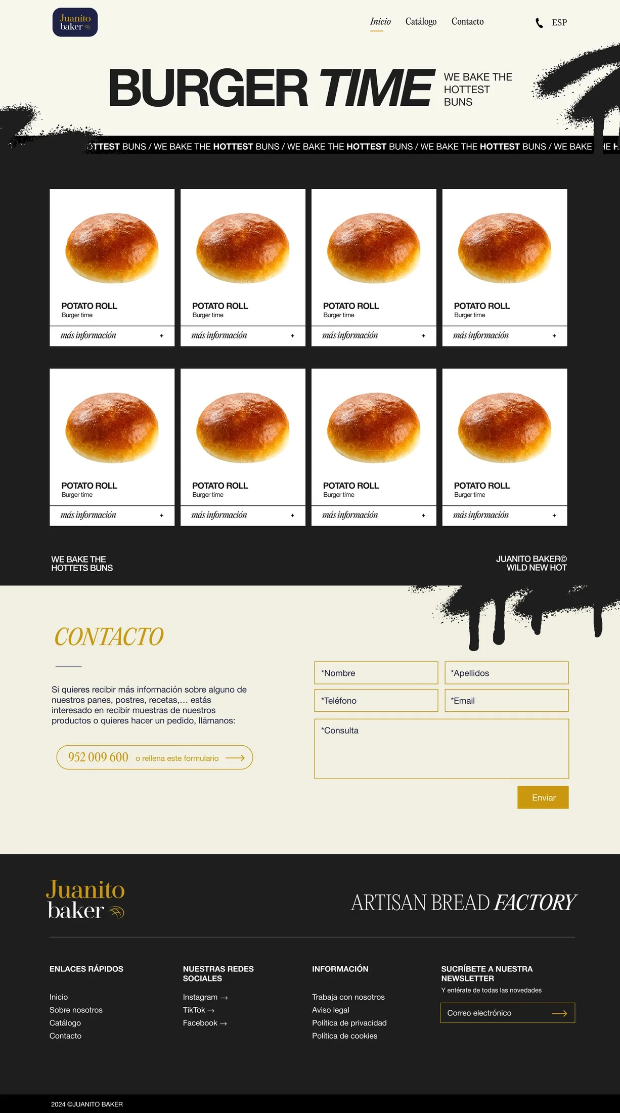 Mockup de la página BURGER TIME de Juanito Baker con fondo negro, paint splatters, titular WE BAKE THE HOTTEST BUNS, marquee y grid 4×2 de buns con drips y transición a sección de contacto
