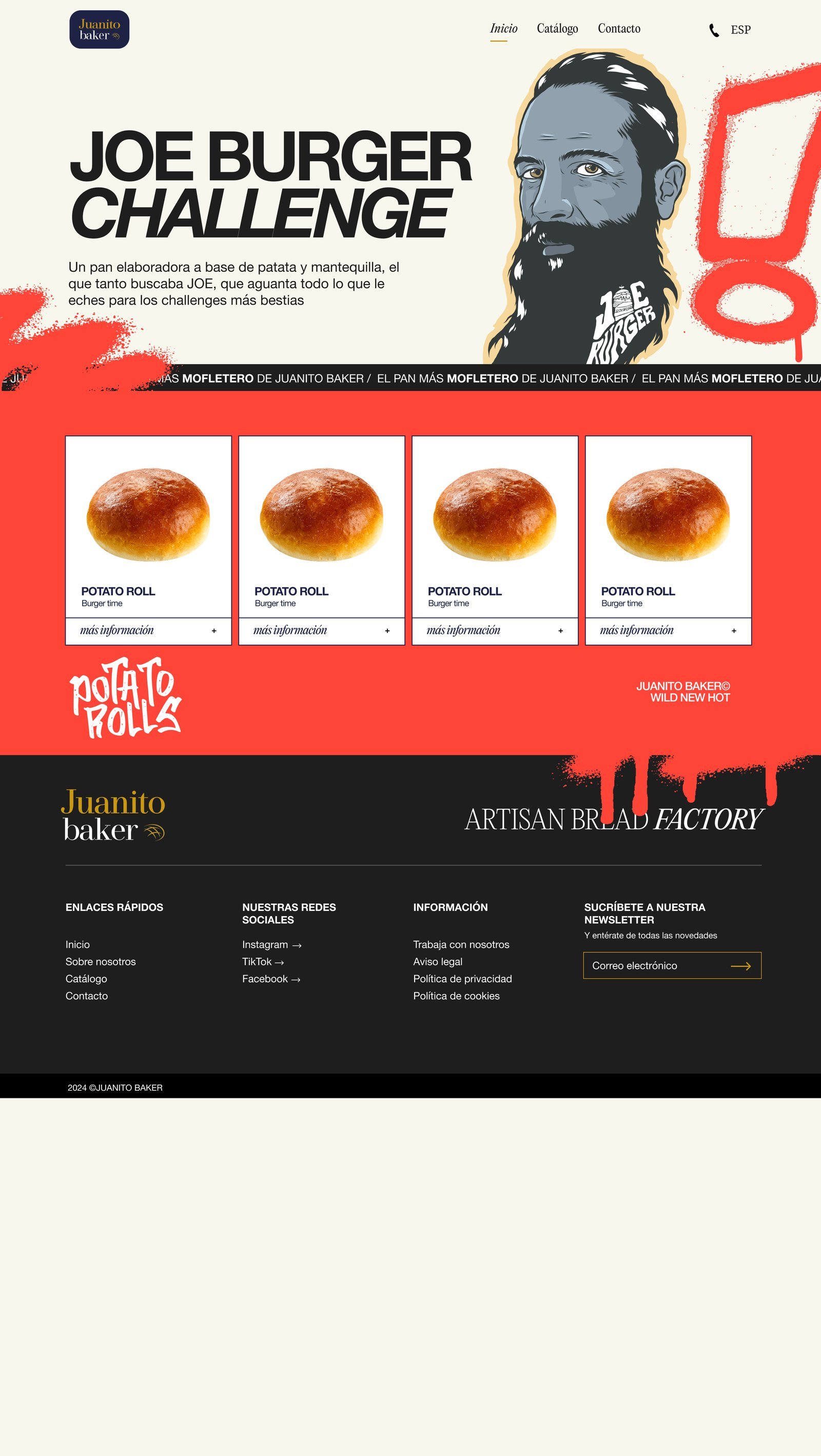 Mockup de la página JOE BURGER CHALLENGE de Juanito Baker con ilustración del personaje JOE, splatters rojos, transición a fondo rojo con productos en grid, rotulación POTATO ROLLS y firma JUANITO BAKER WILD NEW HOT con drips negros