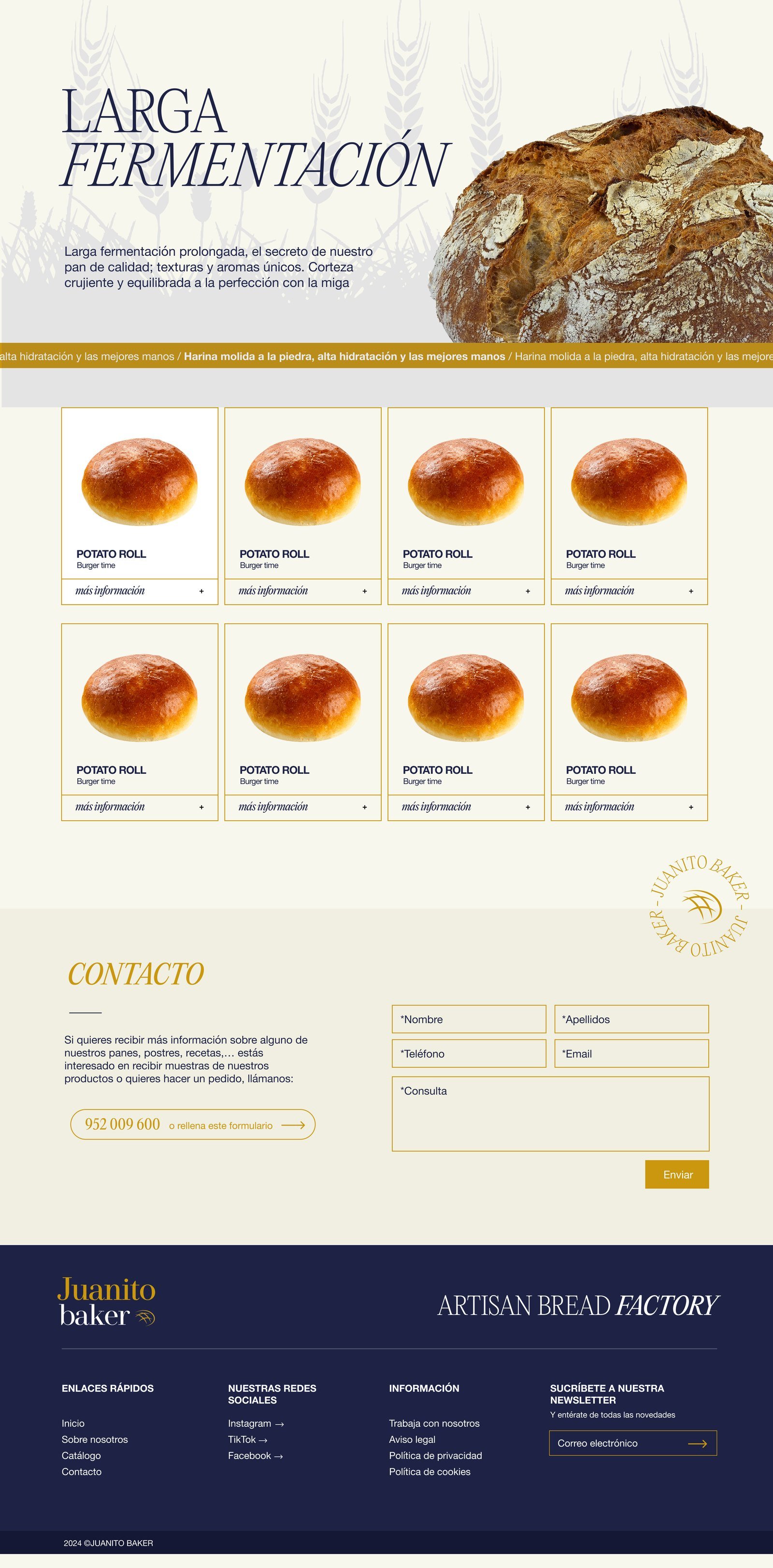 Mockup de la página de catálogo Larga Fermentación de Juanito Baker con titular en serif italic, foto rústica de boule, marquee "Harina molida a la piedra, alta hidratación y las mejores manos" y grid 4×2 de productos artesanos
