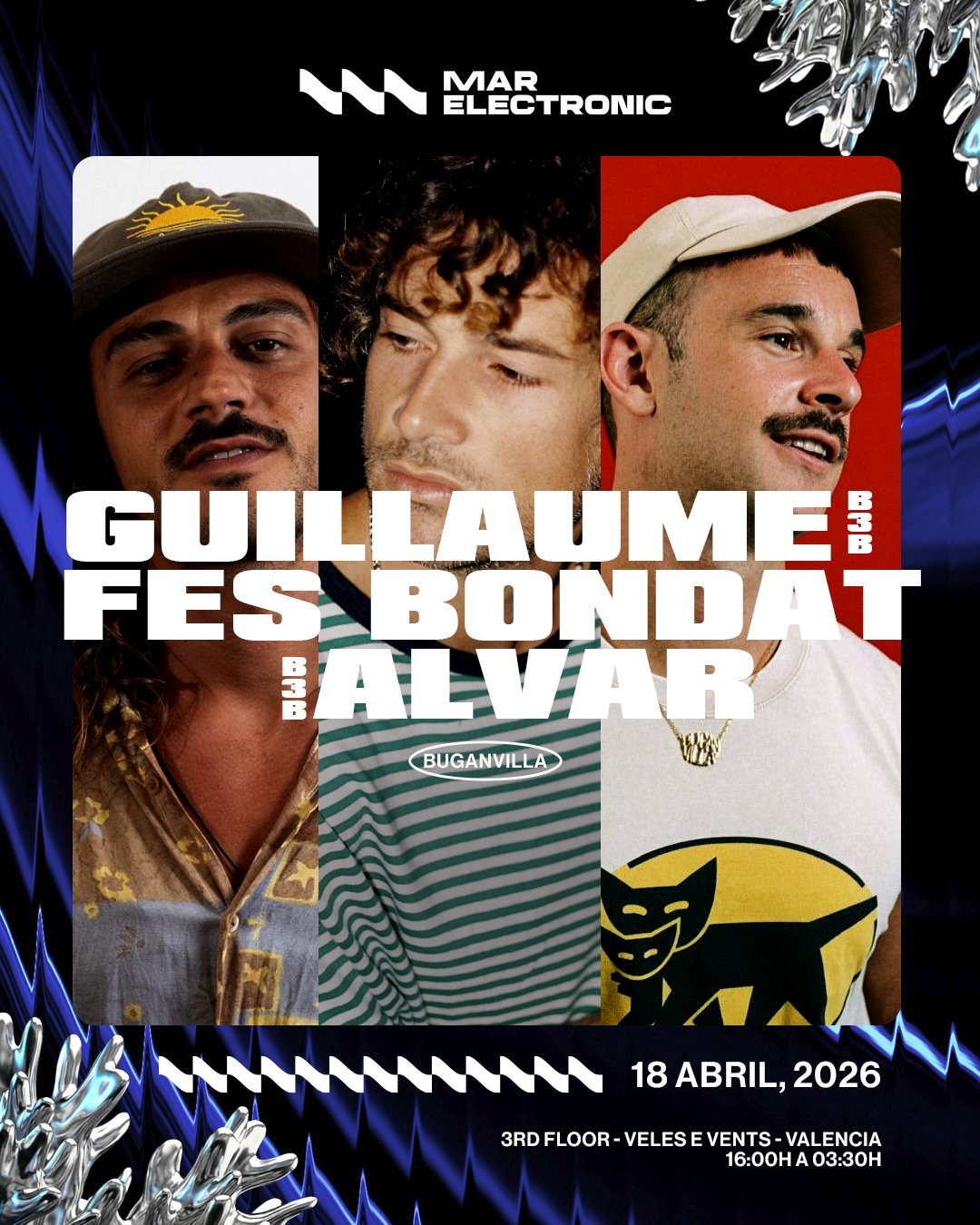 Cartel del b2b Buganvilla con tres artistas en composición de retrato sobre fondo de mercurio líquido