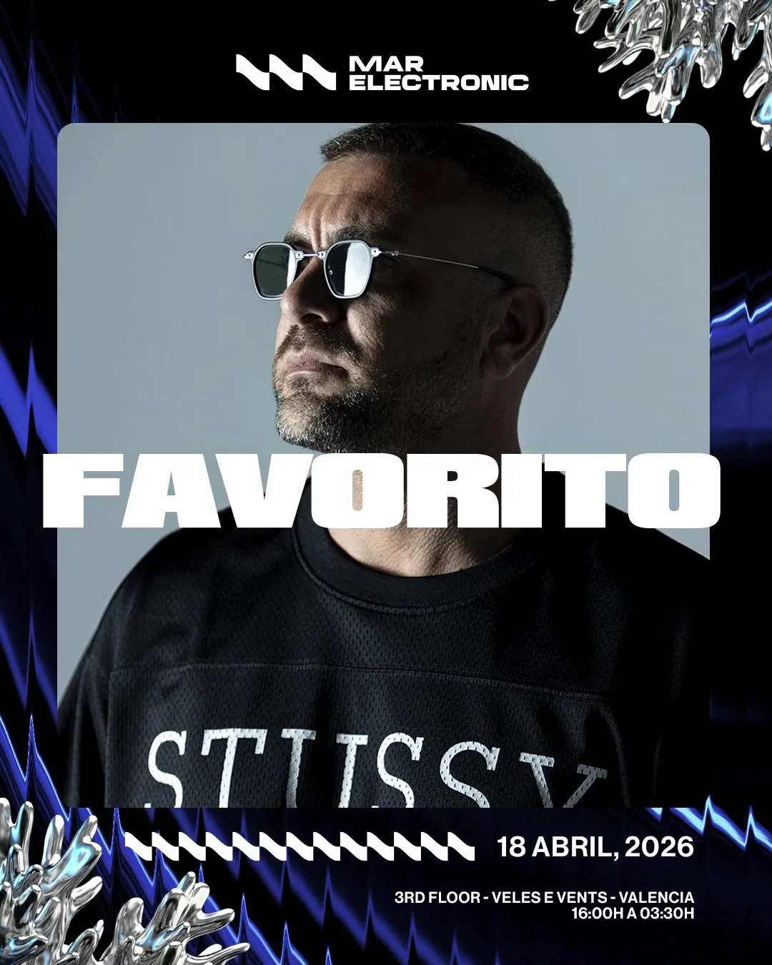 Anuncio del DJ Favorito con tipografía en blanco bordeada y mercurio líquido