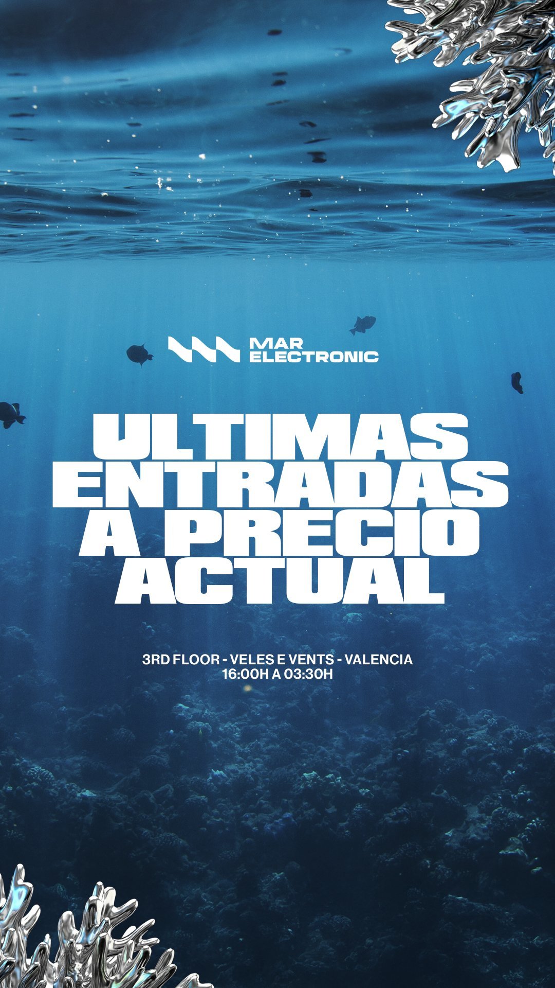 Anuncio de últimas entradas a precio actual sobre fondo submarino con corales en mercurio