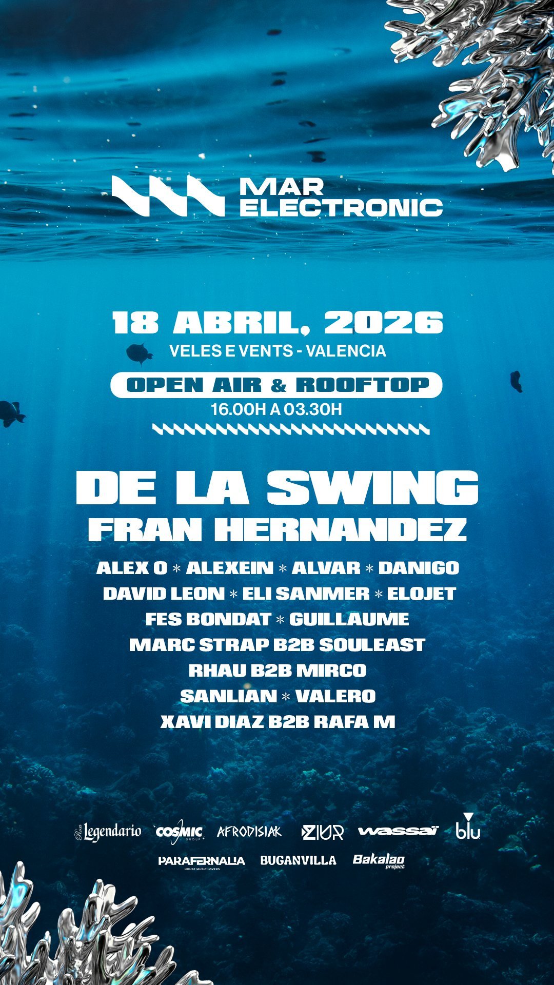 Cartel oficial de Mar Electronic 18 abril 2026 en Veles e Vents Valencia con line-up encabezado por De La Swing y Fran Hernandez