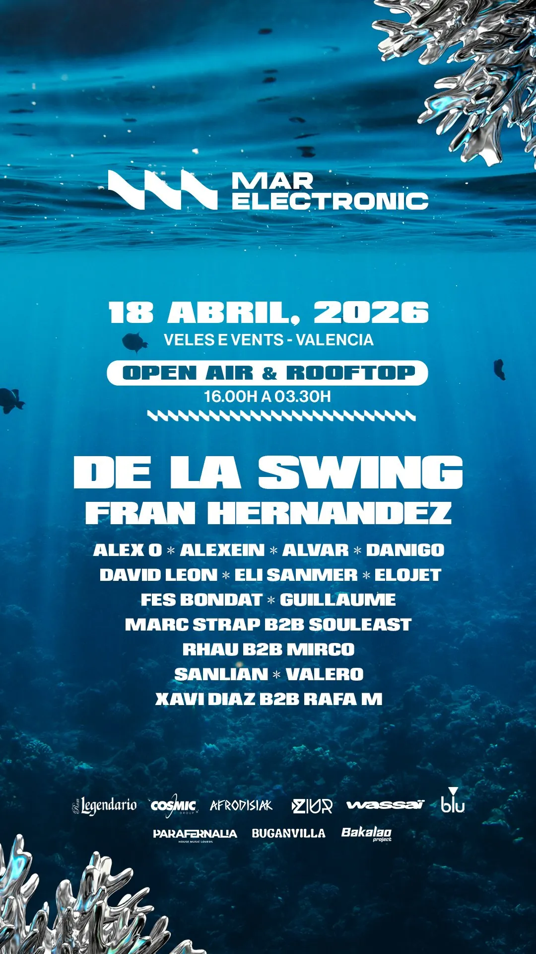 Cartel oficial de Mar Electronic 18 abril 2026 en Veles e Vents Valencia con line-up encabezado por De La Swing y Fran Hernandez