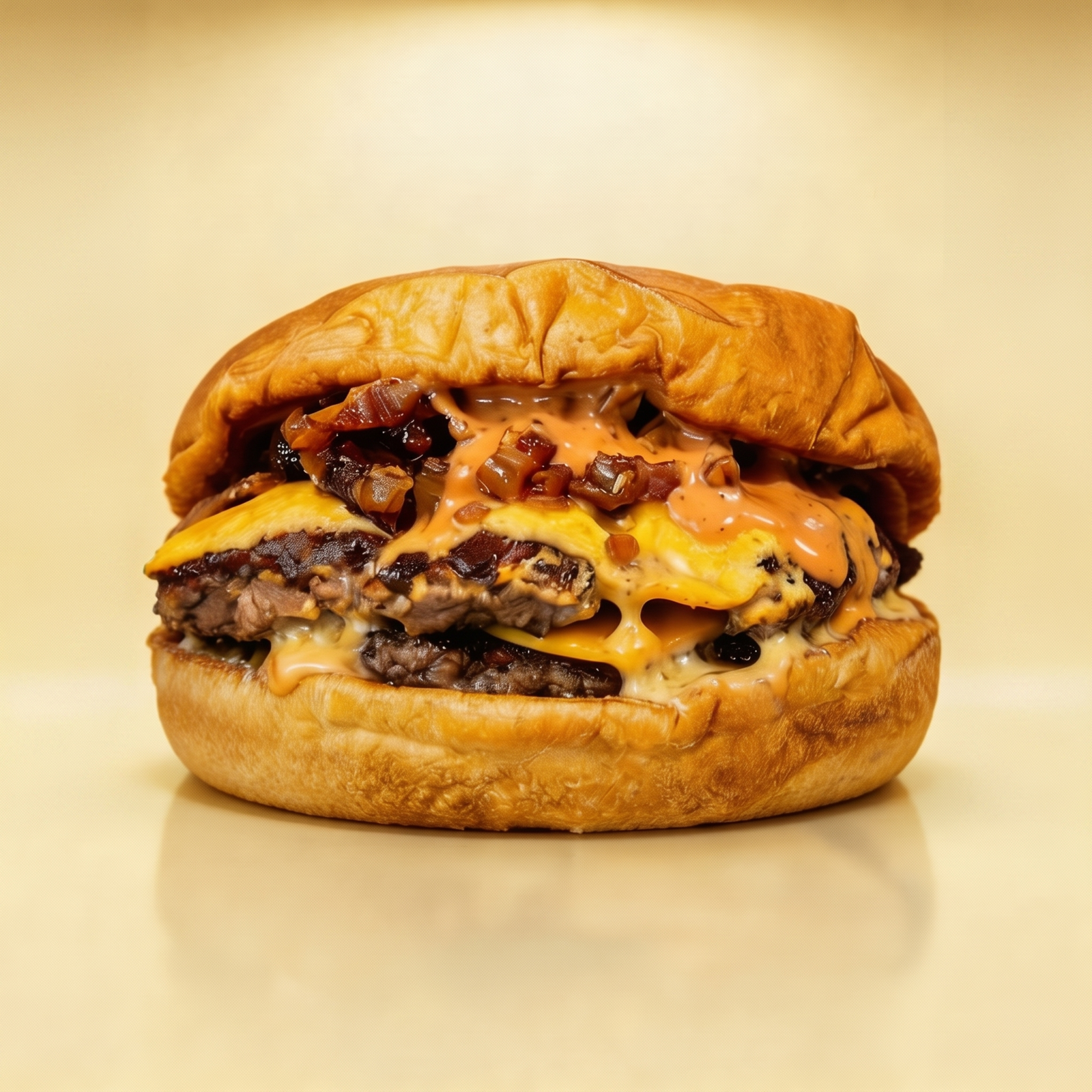 Smash burger de carne madurada de Street by Roberts en estudio sobre fondo crema