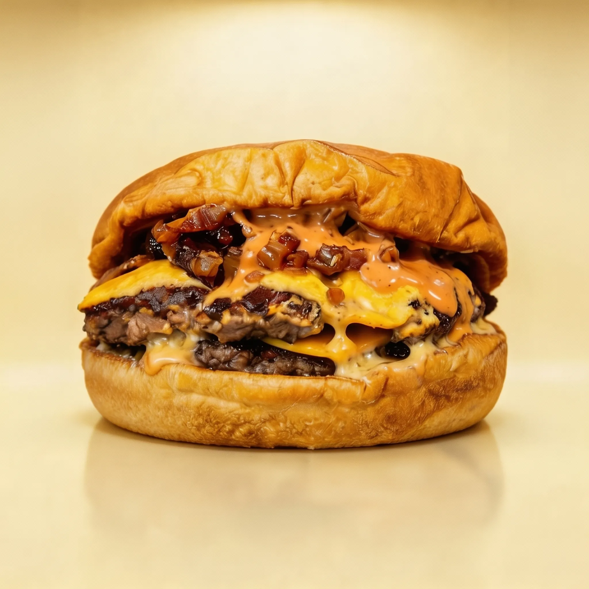 Smash burger de carne madurada de Street by Roberts en estudio sobre fondo crema
