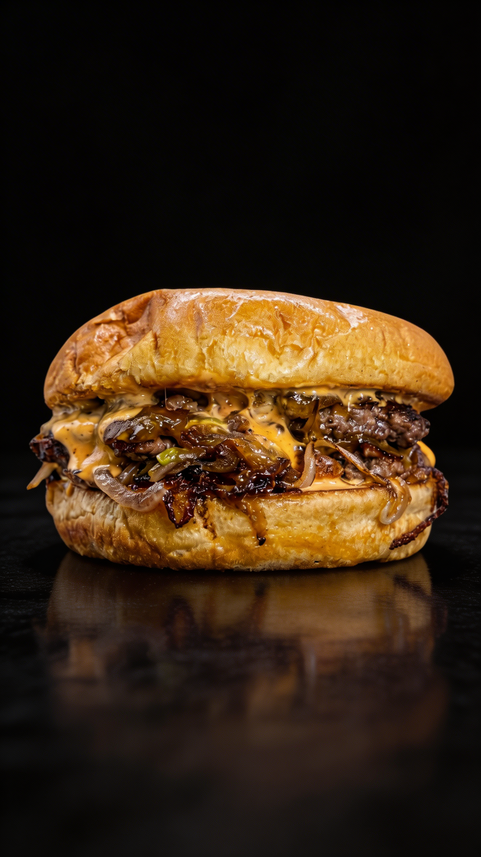 Smash burger doble con cebolla caramelizada y queso americano sobre fondo negro