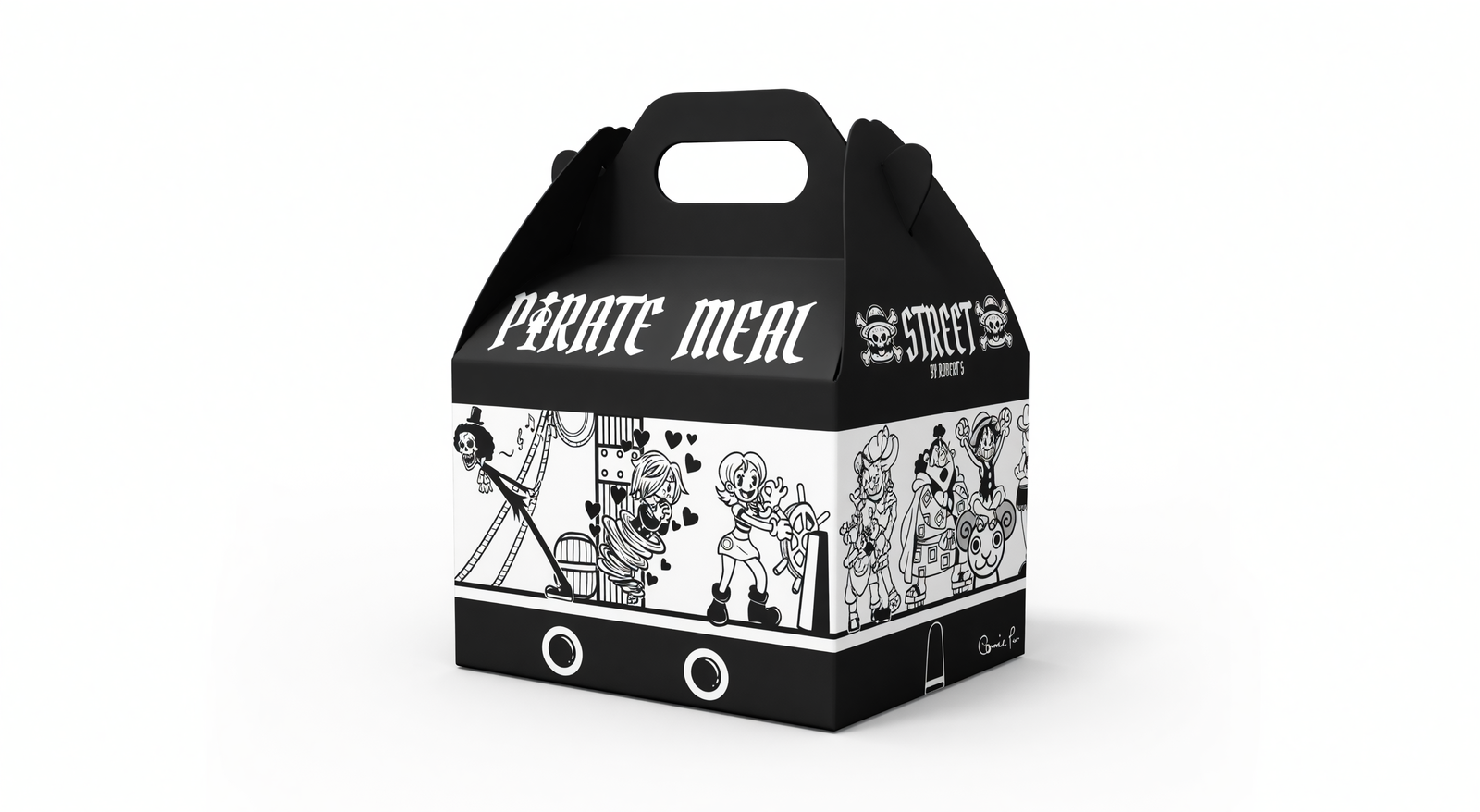 Caja Pirate Meal de Street by Roberts: ilustración en blanco y negro estilo manga sobre cartón negro y blanco