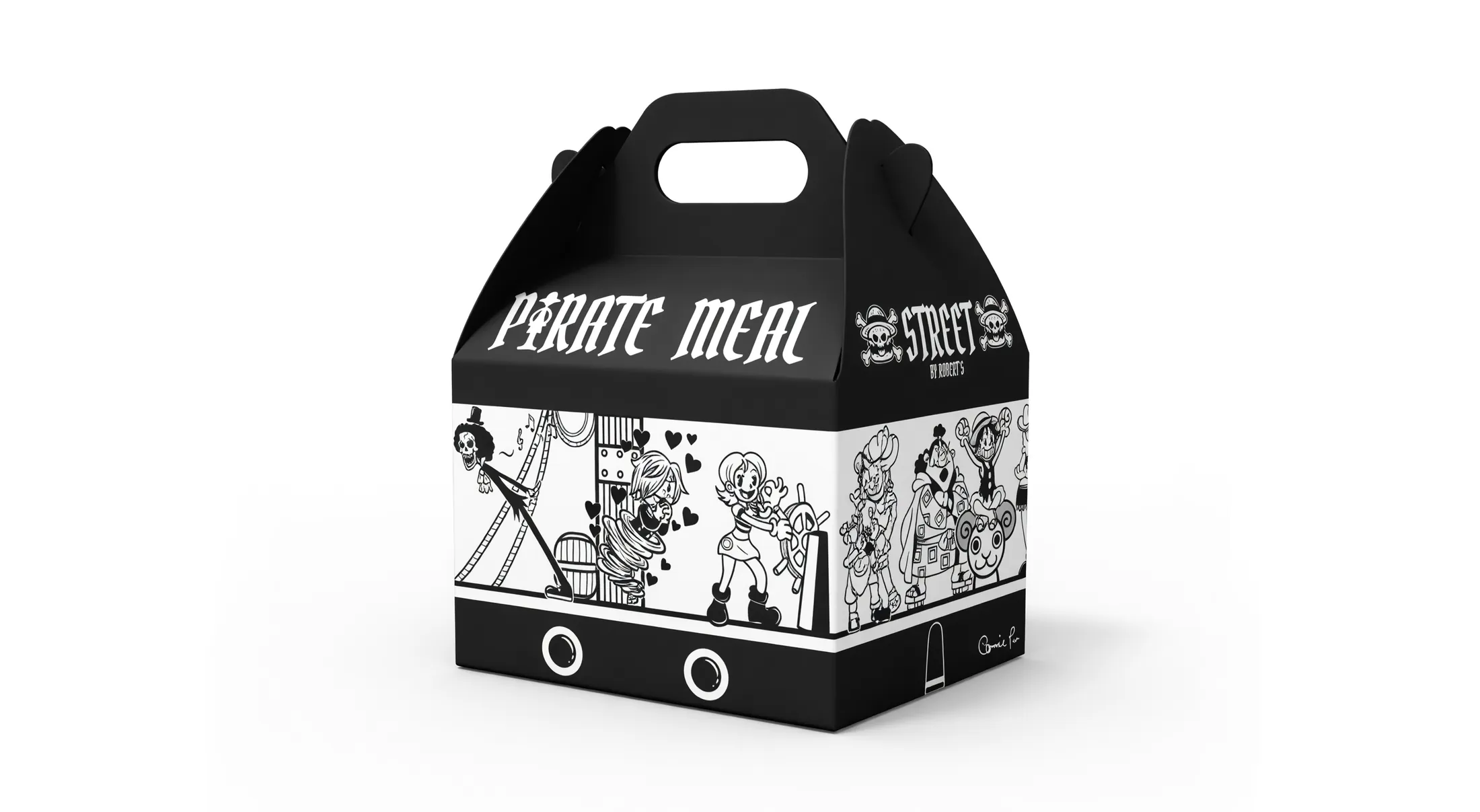 Caja Pirate Meal de Street by Roberts: ilustración en blanco y negro estilo manga sobre cartón negro y blanco