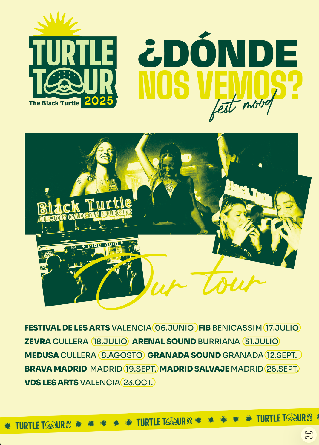 Cartel del Turtle Tour 2025 con calendario de festivales